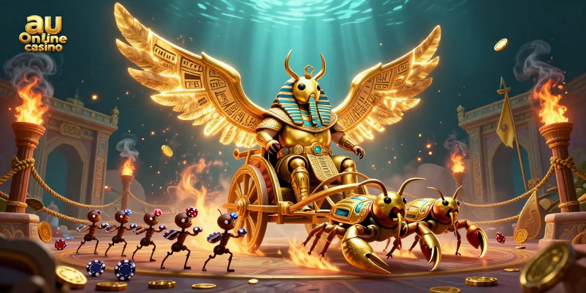 Engage with the vibrant experience of au online casino featuring a golden scarab beetle and scorpions.