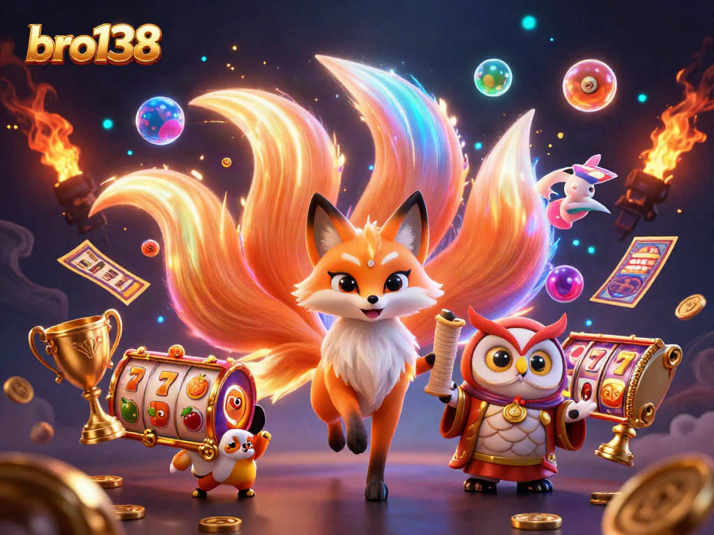 Experience thrilling gaming with bro138's vibrant 3D illustration showcasing dynamic slot machine elements and enchanting characters.