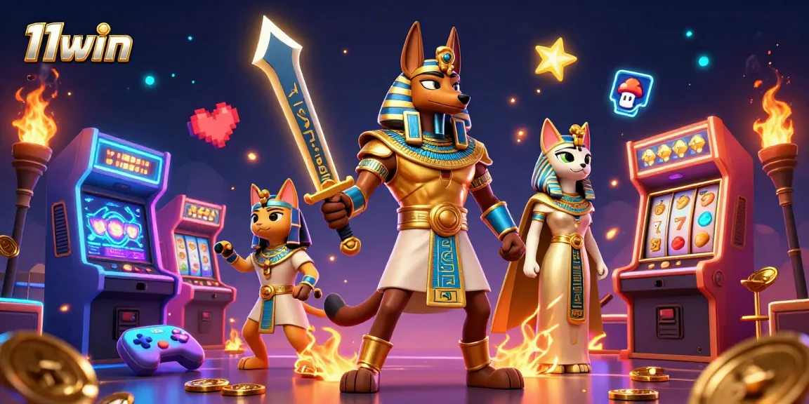 Engage in 11win's electrifying gaming environment featuring Anubis and Bastet surrounded by vibrant casino elements.