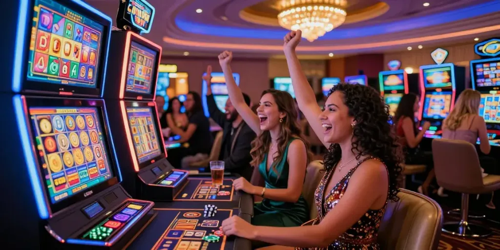 slot888 players celebrating a jackpot win in a vibrant casino atmosphere