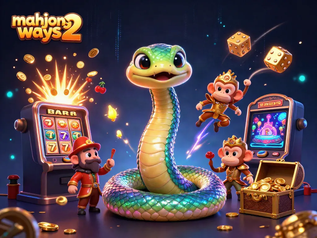 Engage with mahjong ways 2 in this vibrant fantasy casino illustration featuring a playful monkey king and a magical serpent.