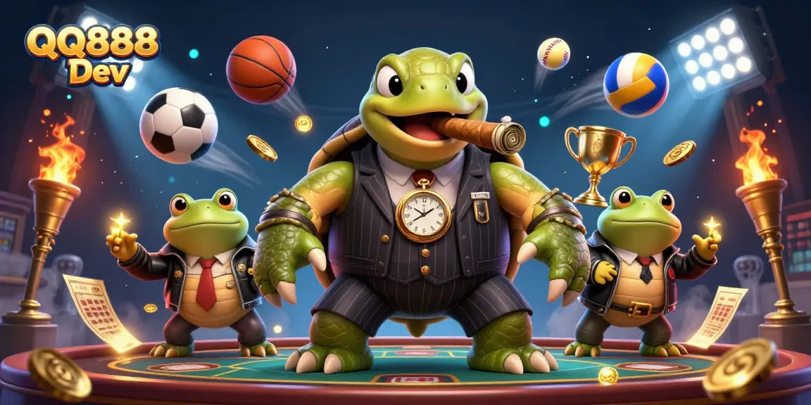 Win big with QQ888 Dev's dynamic gaming scene featuring a massive turtle and sports elements.