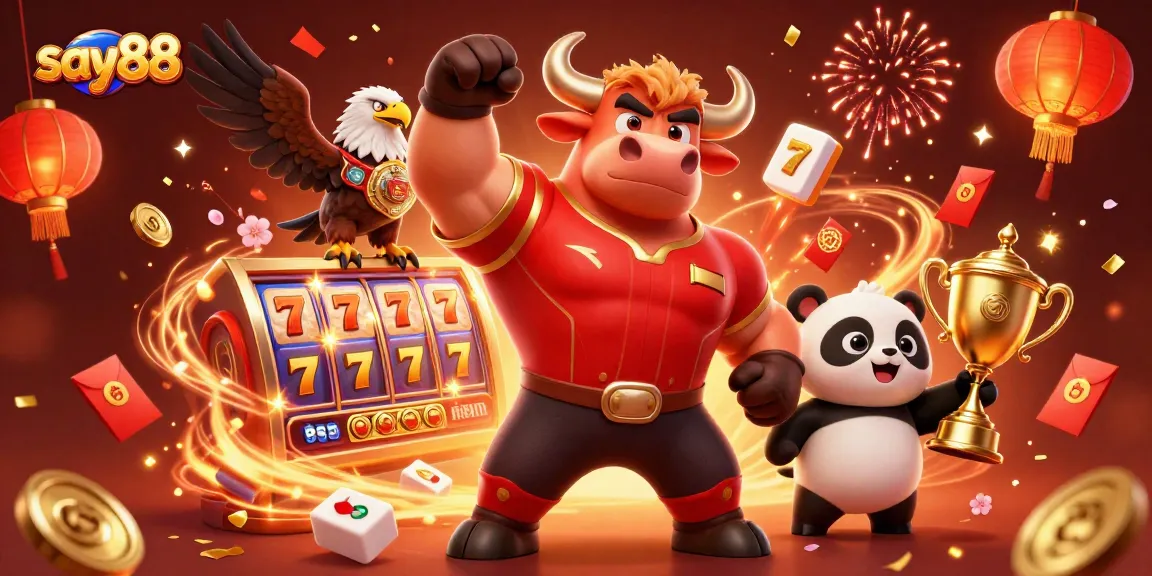 Engage in top-tier gaming excitement at say88 with vibrant characters celebrating casino victories and lucky game elements.