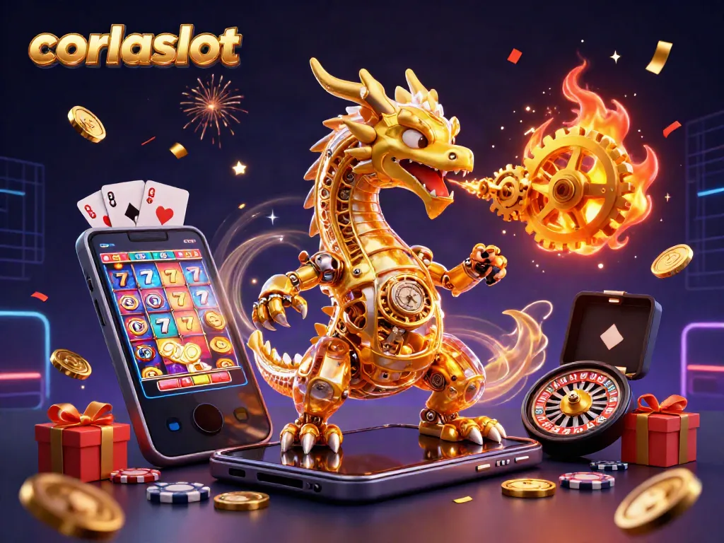 Experience thrilling action with Corlaslot's vibrant golden dragon and dynamic slot game elements.