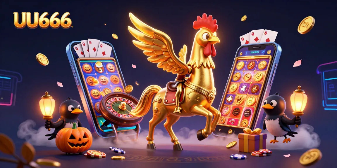 Experience the thrill of UU666, where a golden rooster and spectral horse illuminate a vibrant casino scene filled with gaming excitement.