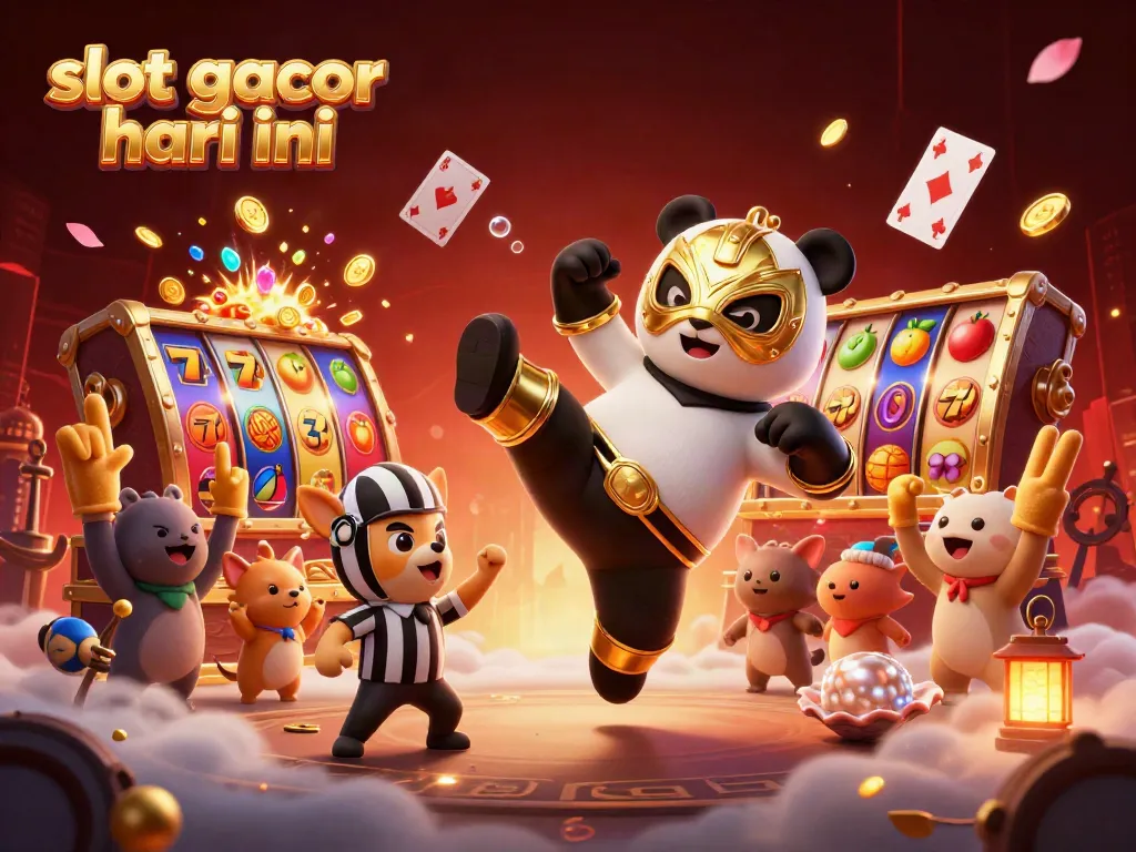 Visual penuh warna slot gacor hari ini dengan panda pegulat terbang dan elemen kasino lainnya.