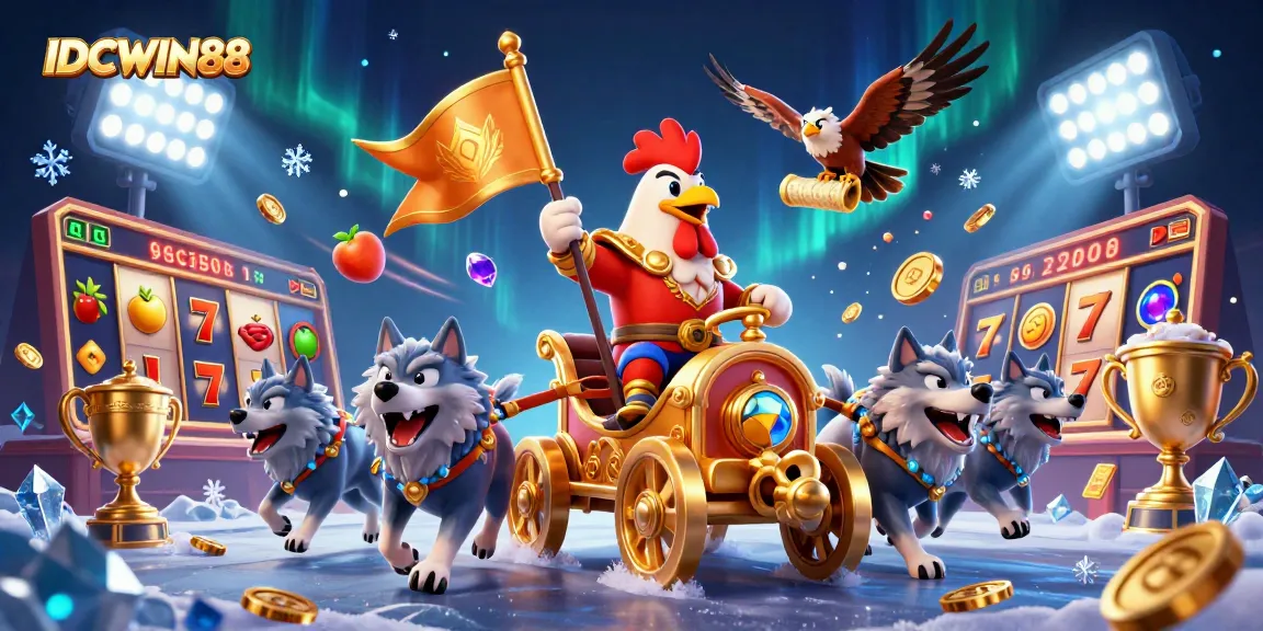 IDCWIN88 slots action with cartoon characters in a vibrant casino scene featuring gold coins and slot symbols.