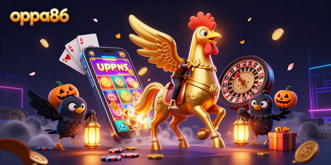 Experience gaming excitement with oppa86 in a dynamic midnight casino scene featuring golden elements and thrills.