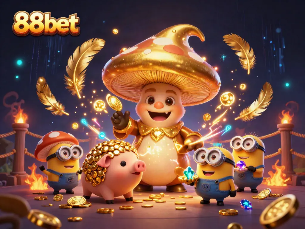 Engage with 88bet's exciting 3D illustration featuring a magical mushroom wizard amidst casino treasures.