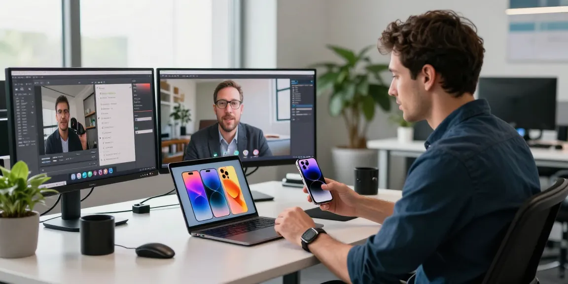 Professional discussing the features of the iPhone 17 in a modern workspace with multiple tech devices.
