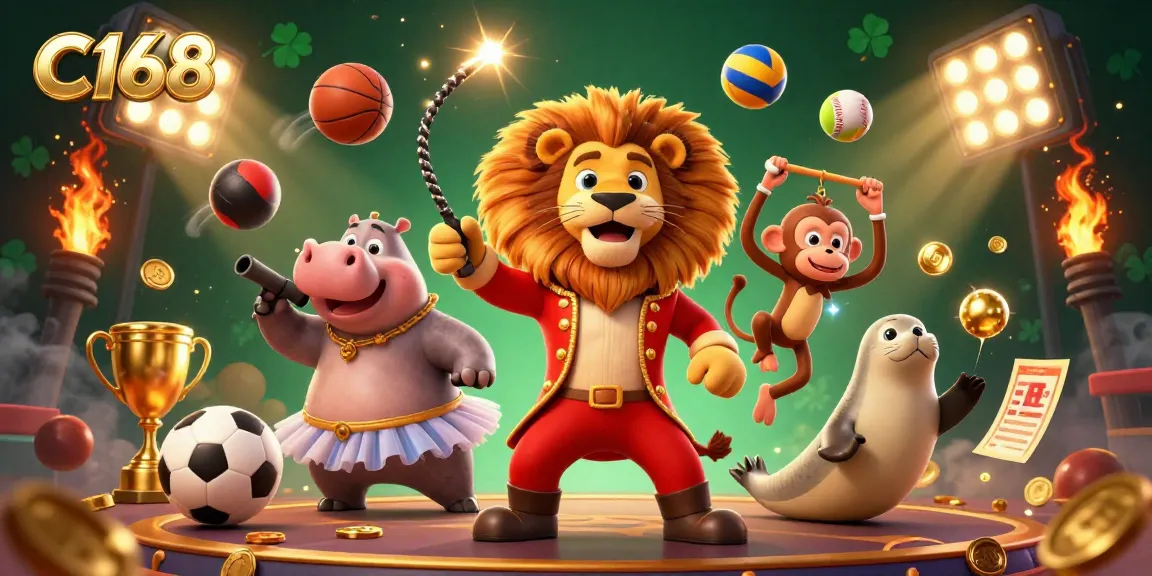 Bet on C168 with high-energy casino fun featuring vibrant 3D circus characters and dynamic sports elements.