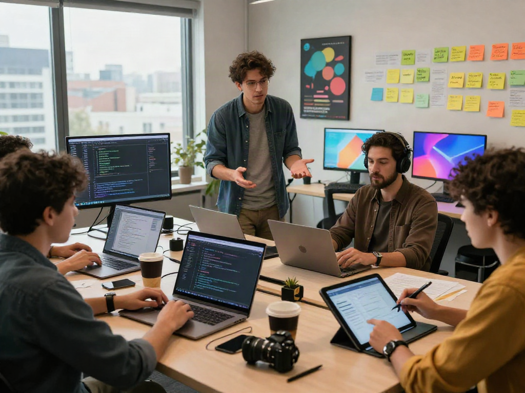 Dynamic workspace with developers using sh7 app for collaboration and coding in bright office.