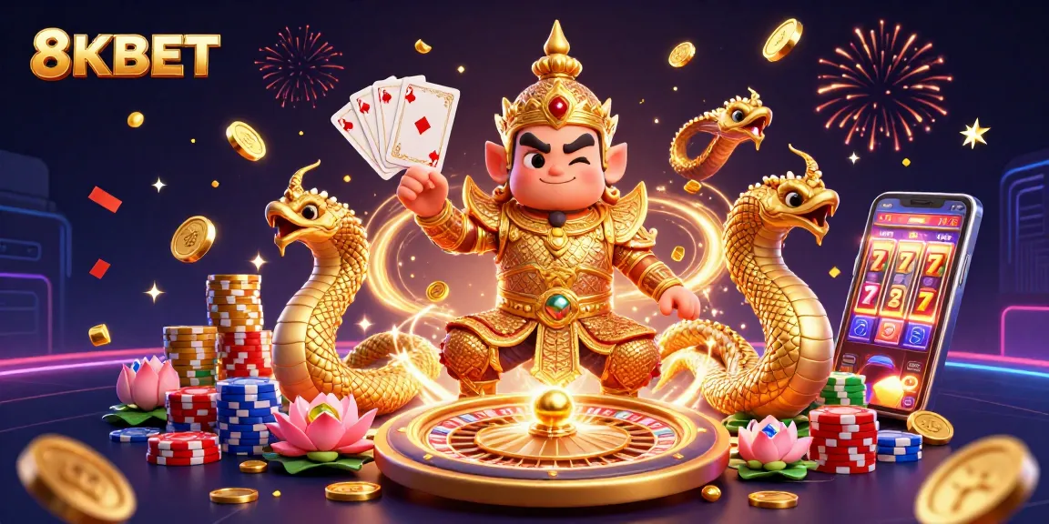 Experience exciting winnings at 8KBET Casino with colorful characters from a vibrant 3D illustration.