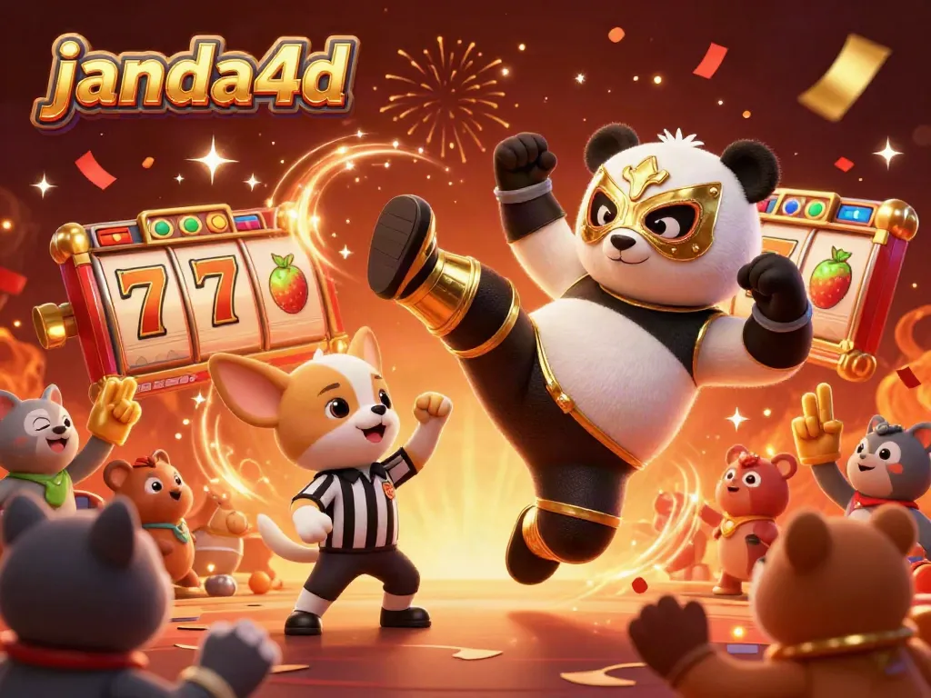 JANDA4D: Pegulat panda menendang terbang dalam permainan kasino dengan elemen slot berwarna-warni.