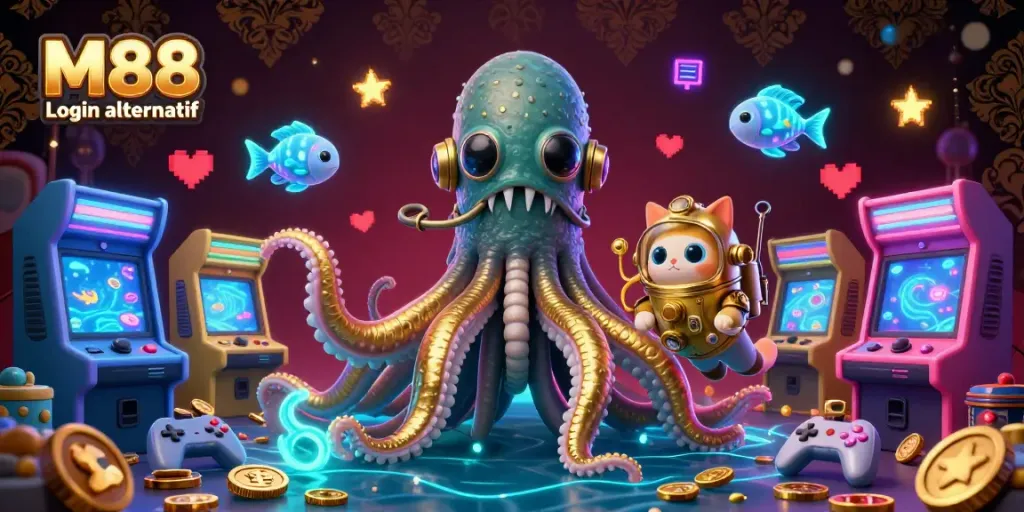 Engage in thrilling gaming with M88 Login alternatif as a colossal kraken and diving cat explore a treasure-filled world.