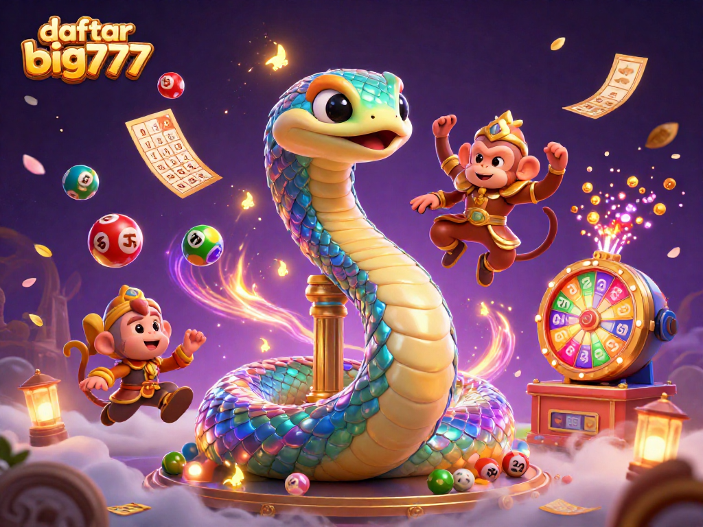 Experience magic and excitement with daftar big777, featuring vibrant characters and dynamic lottery elements in a 3D casino scene.