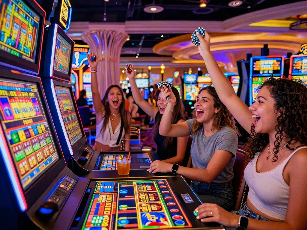 Friends celebrating a jackpot win at a Lucky777 casino slot machine.