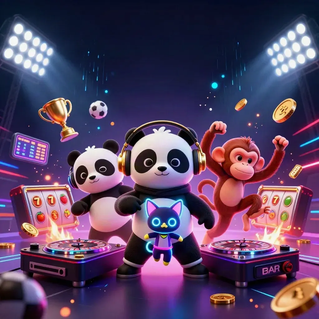 DJ panda, monkey, and glow-stick kitten blasting neon casino energy with reels, coins, and sports balls.