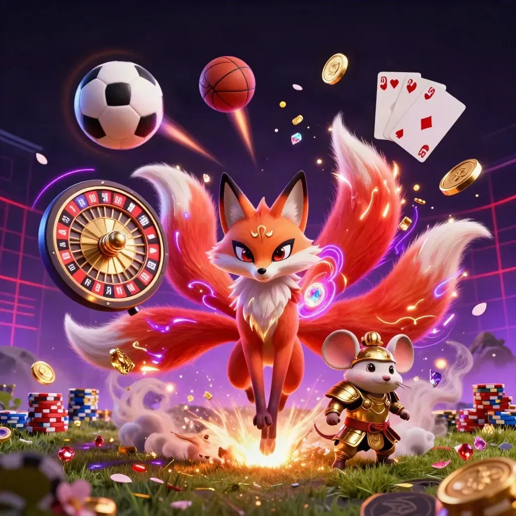 Neon fox spirit and armored mouse amid flying sports gear, coins, and casino lights.