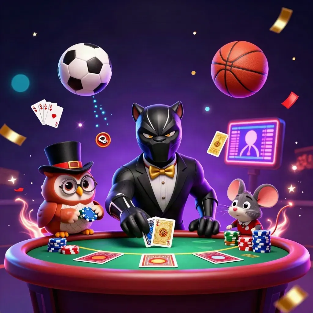 Panther, owl, and mouse amid chips, cards, balls, confetti, and neon casino sparks.