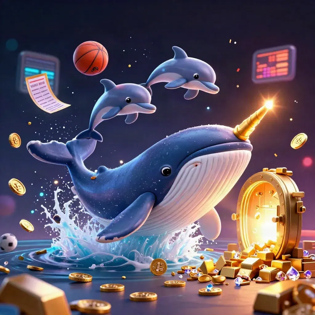 Whale, narwhal and dolphins burst through coins as sports balls and gold spill in neon casino light