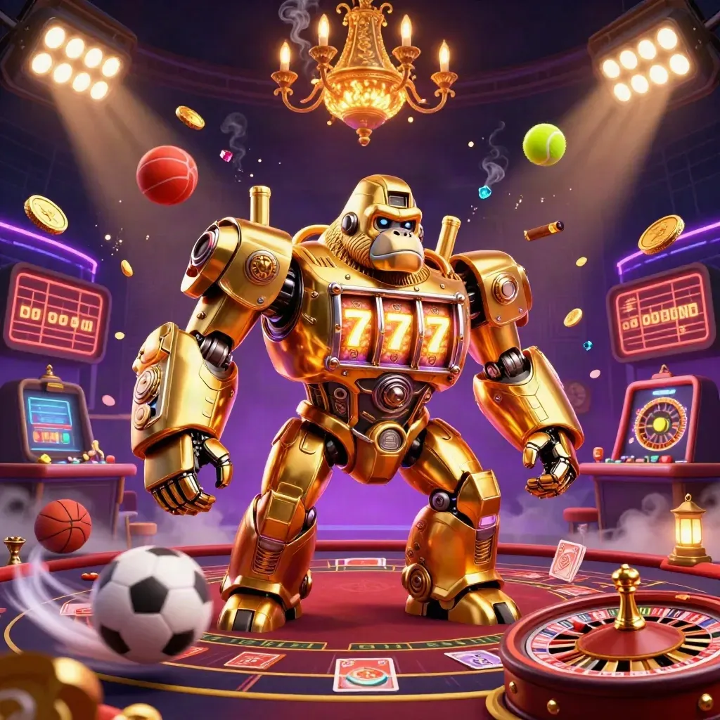 Golden gorilla slot-mech with monkey pilot amid neon casino opulence, sports balls, roulette and fog