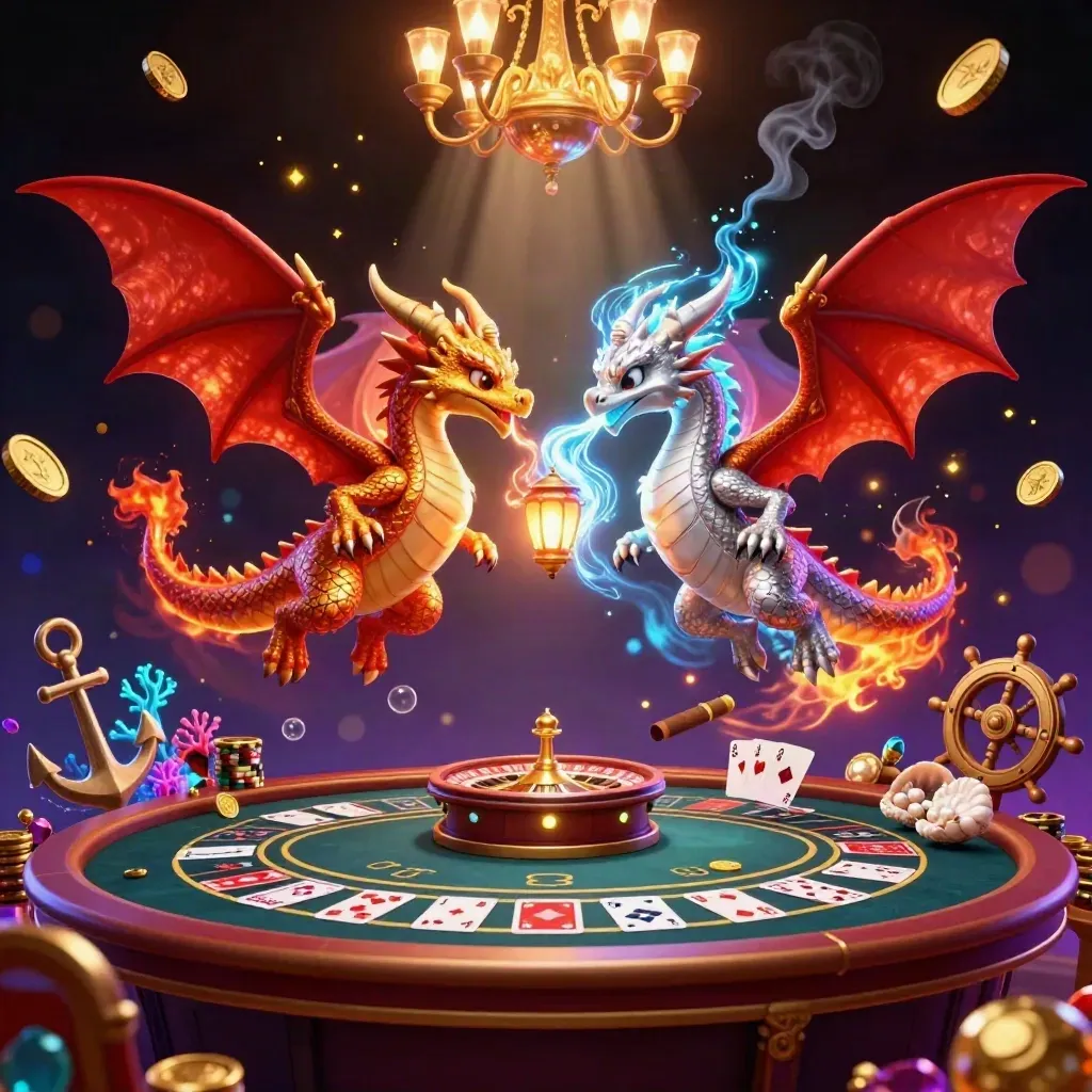 Golden and silver dragons swirl above a neon casino treasure cove with roulette and cards.
