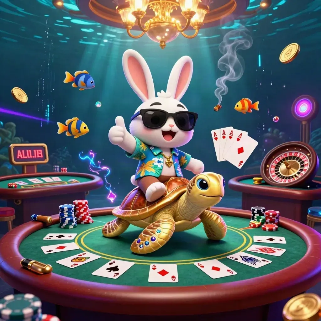 Lucky rabbit on jeweled turtle amid neon casino cards, chips, and underwater light