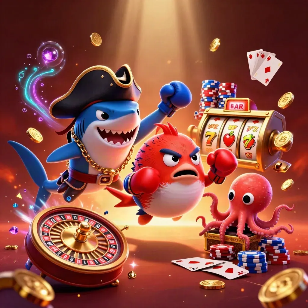 Pirate shark, pufferfish, and baby octopus amid coins, gems, chips, and casino effects