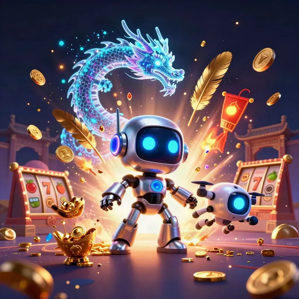 Cyberpunk robot, holographic dragon, and coin drone amid gold bursts, temple gate, and neon casino chaos.