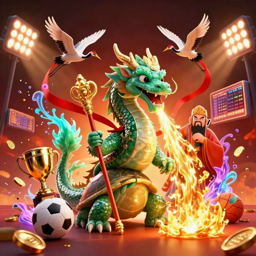 Emerald dragon, turtle sage, and cranes blast gold fire and treasure in neon casino chaos.