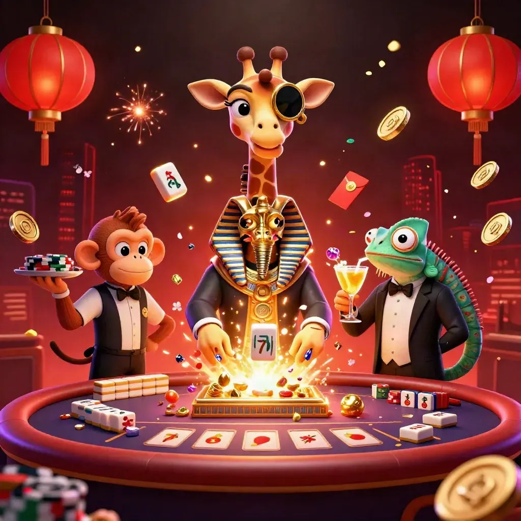 Giraffe high roller, monkey valet, and chameleon bartender amid a neon red pharaoh casino blast
