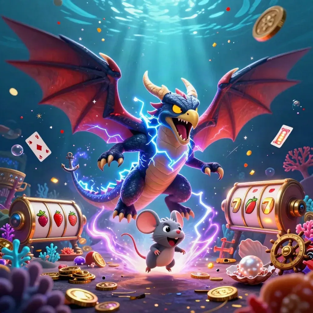 Thunder dragon, wind hawk, and crackling mouse amid treasure, coral, coins, and neon casino effects.