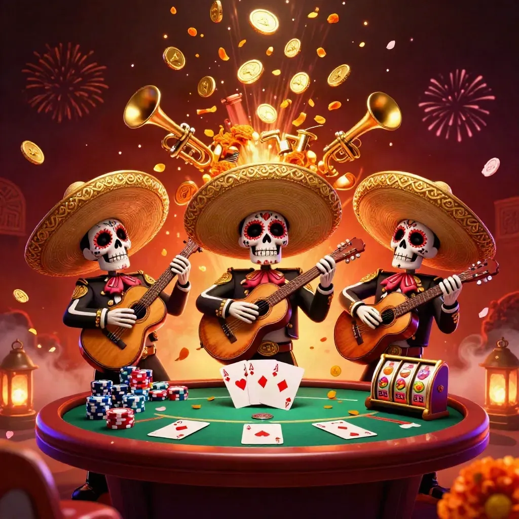 3D skeleton mariachi trio amid coins, chips, reels, fireworks, and a vault burst