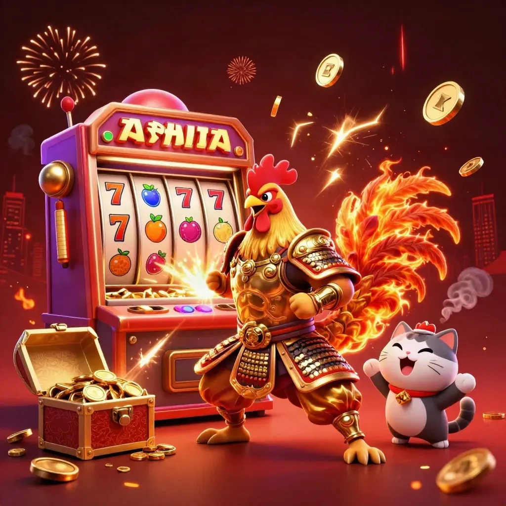 Rooster warrior, spark-breathing dragon, fortune cat, slot burst, gold coins and fireworks.