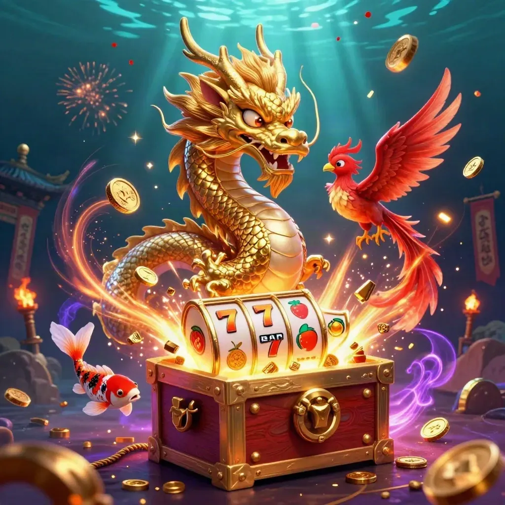 Golden dragon with phoenix and koi amid coins, temple gate, fireworks, and slot symbols in neon casino glow.