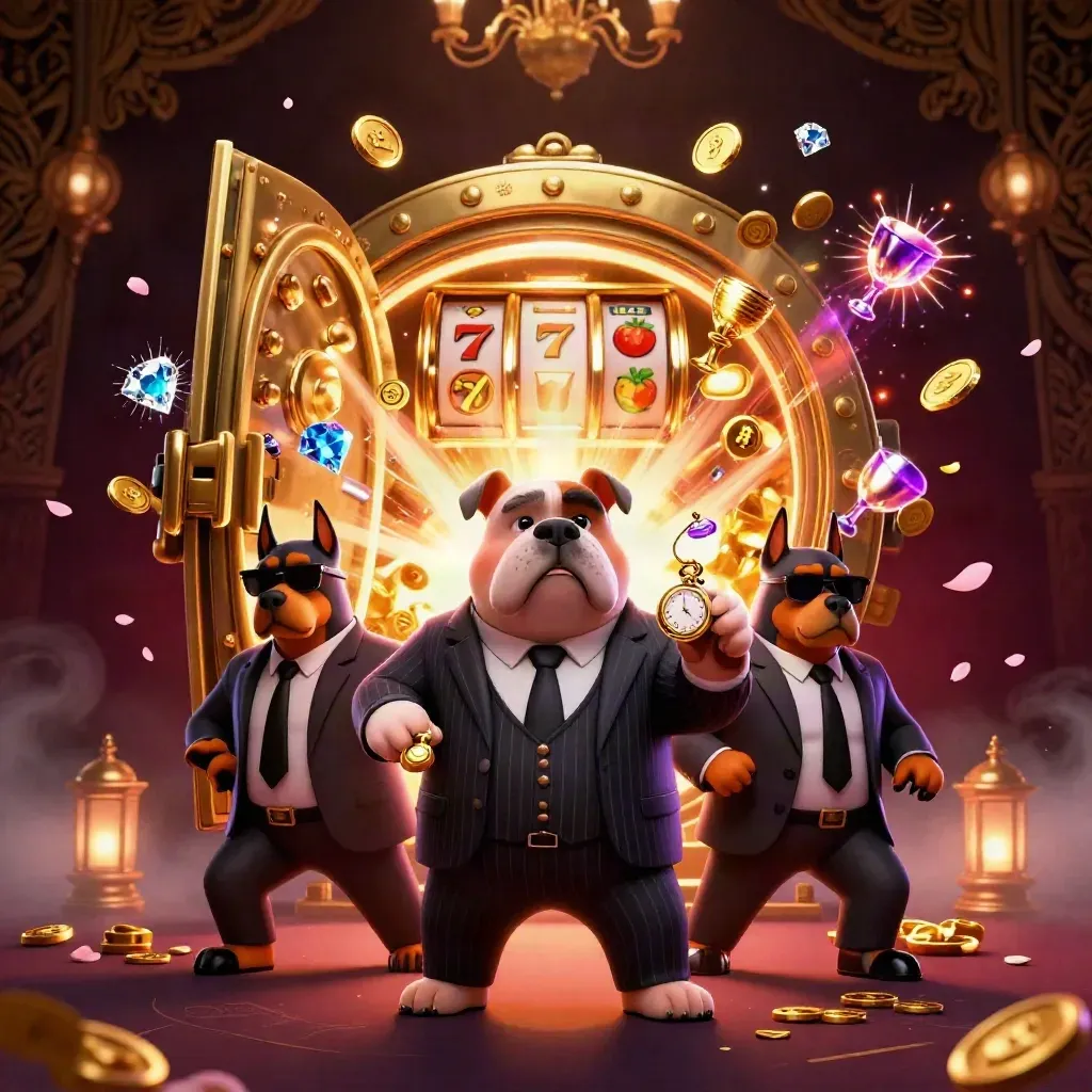 Mafia bulldog and two Doberman guards amid bursting vault gold, jewels, reels, and neon casino magic.