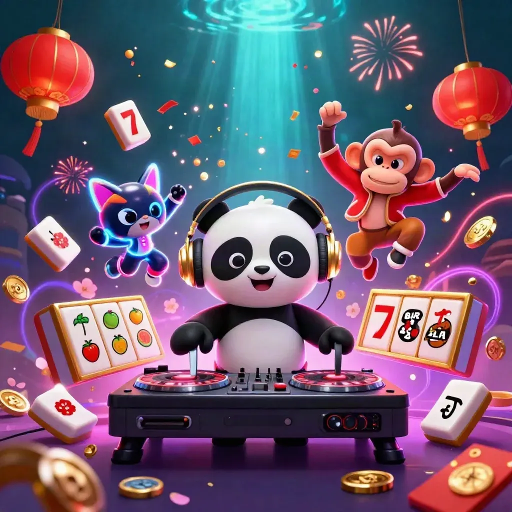 DJ panda, dancing monkey, and rave kitten amid casino symbols and neon energy