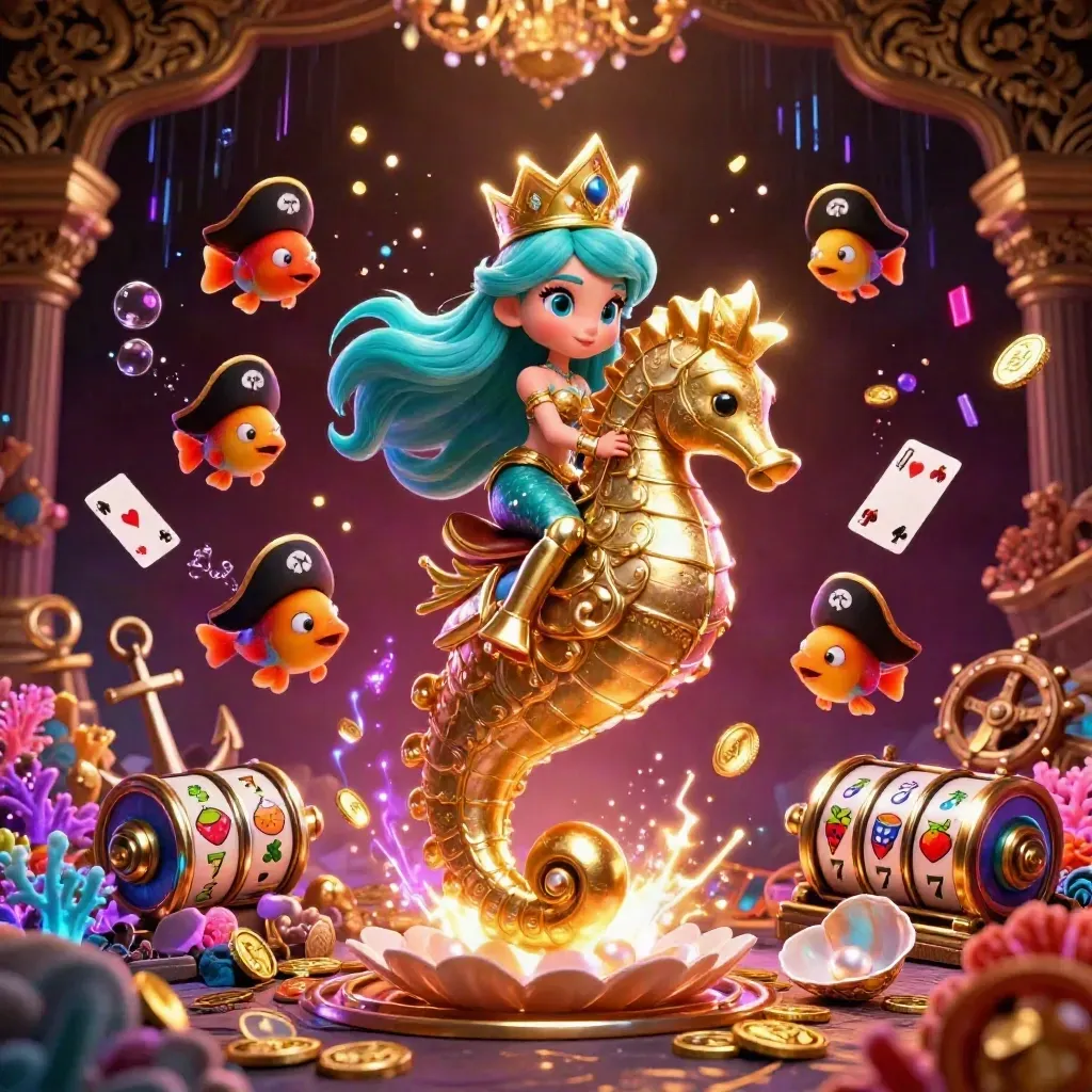 Turquoise mermaid on armored seahorse amid coins, coral, cards, pirate fish, and neon casino magic.