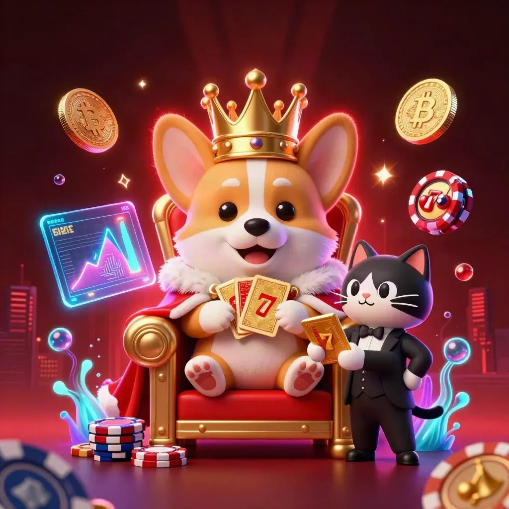 Corgi king and cat butler amid coins, reels, lightning, and neon casino effects.
