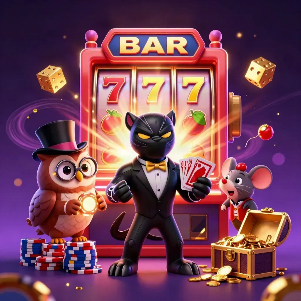 Panther, owl, and mouse amid a bursting slot machine, gold, cards, and neon casino effects.