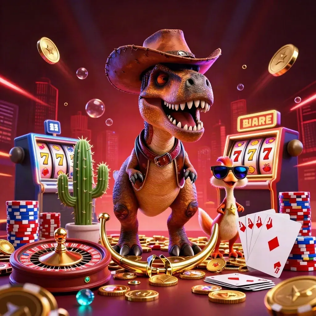Cowboy T-Rex, cactus sidekick, and sheriff roadrunner amid casino loot and neon effects.