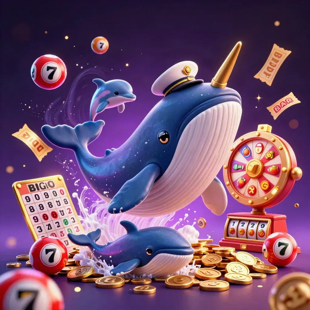 Whale captain, narwhal and dolphins amid coins, jackpots and neon casino effects in a square splash tile