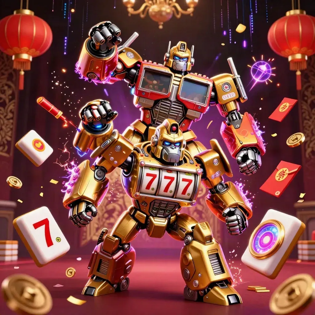 Golden gorilla mech with tiny monkey pilot, slot reels, coins, lanterns, and neon casino energy
