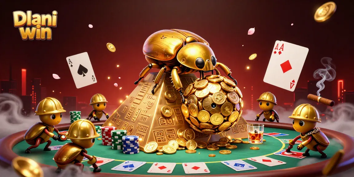 Dhani win boosts excitement with golden beetles rolling coins in a vibrant casino scene.