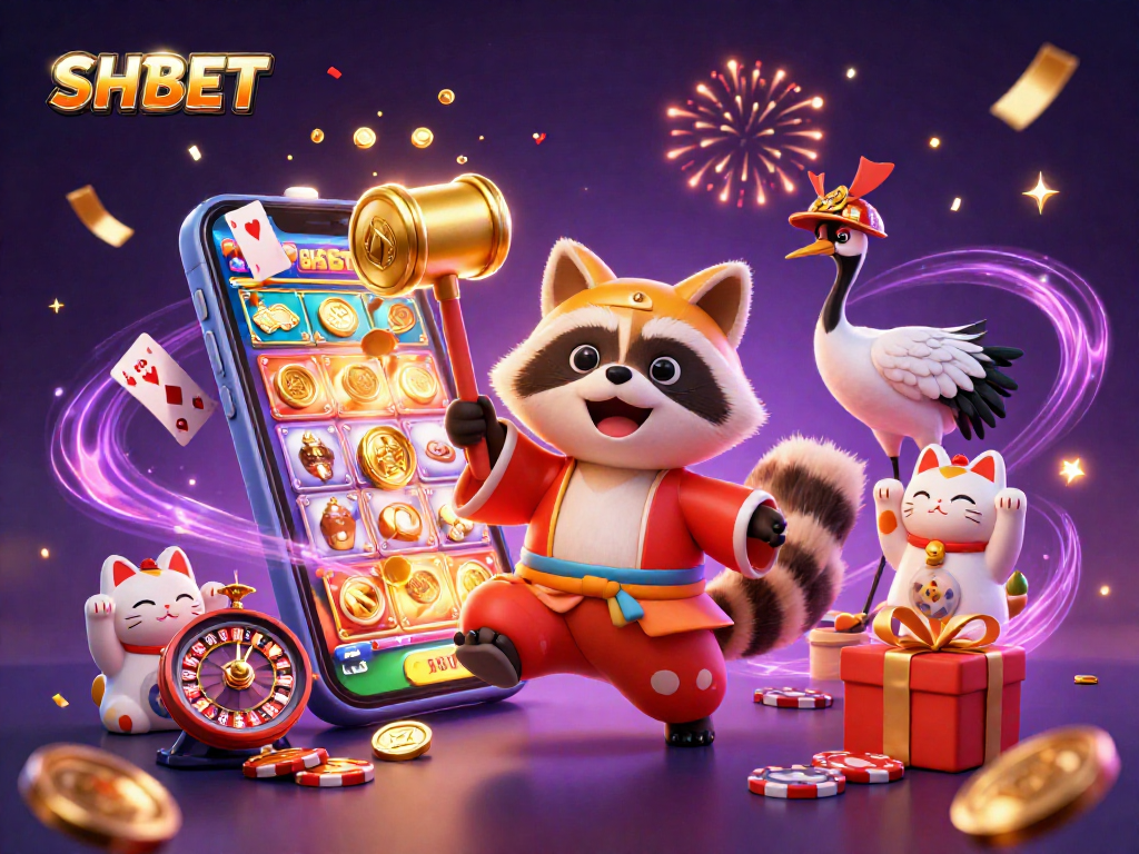 Experience the excitement of SHBET with a cheerful tanuki in a dynamic casino scene, showcasing vibrant gaming elements.