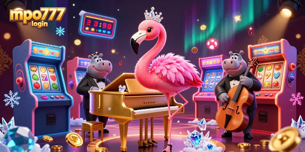 Engage with mpo777 login at a vibrant casino scene featuring a flamingo singer and a hippo bassist.