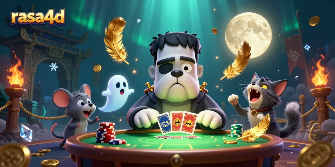 Menghadirkan rasa4d dengan monster bulldog Frankenstein di meja judi menyeramkan yang dikelilingi koin emas dan efek dramatis.