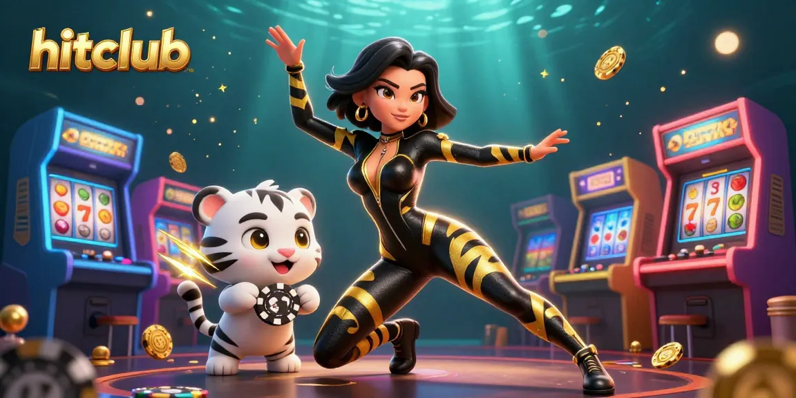 Hitclub showcases a woman in a stunning catsuit engaging with casino elements in a vibrant 3D scene.