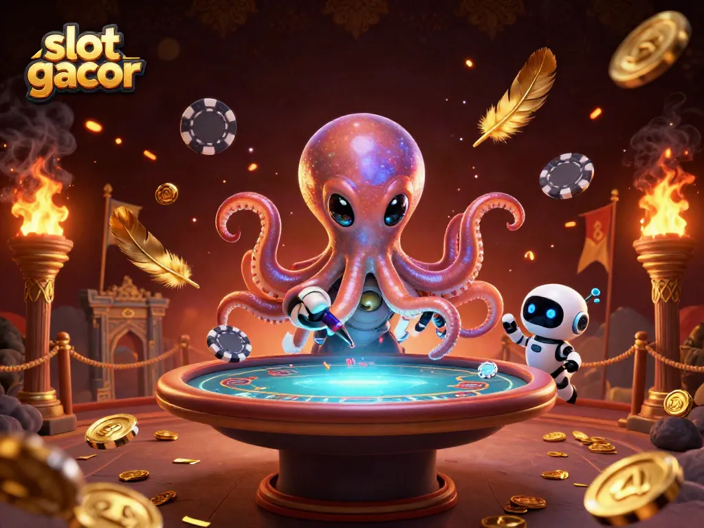 Slot gacor menarik perhatian dengan karakter luar angkasa di meja poker holografik.